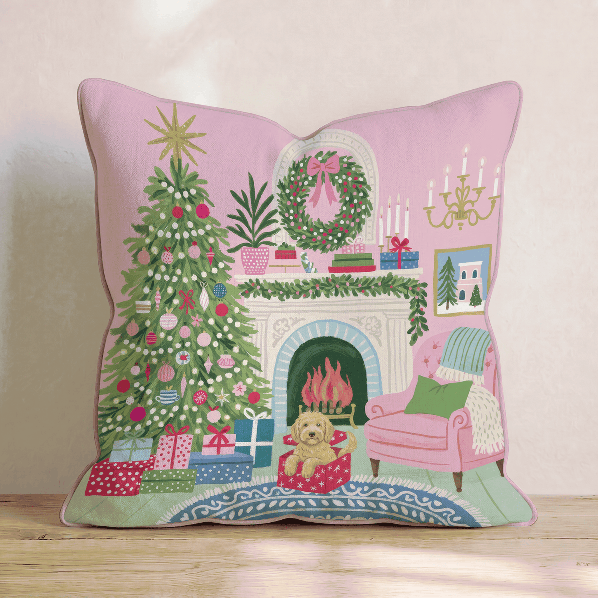 Goldendoodle Christmas Parlor Throw Pillow