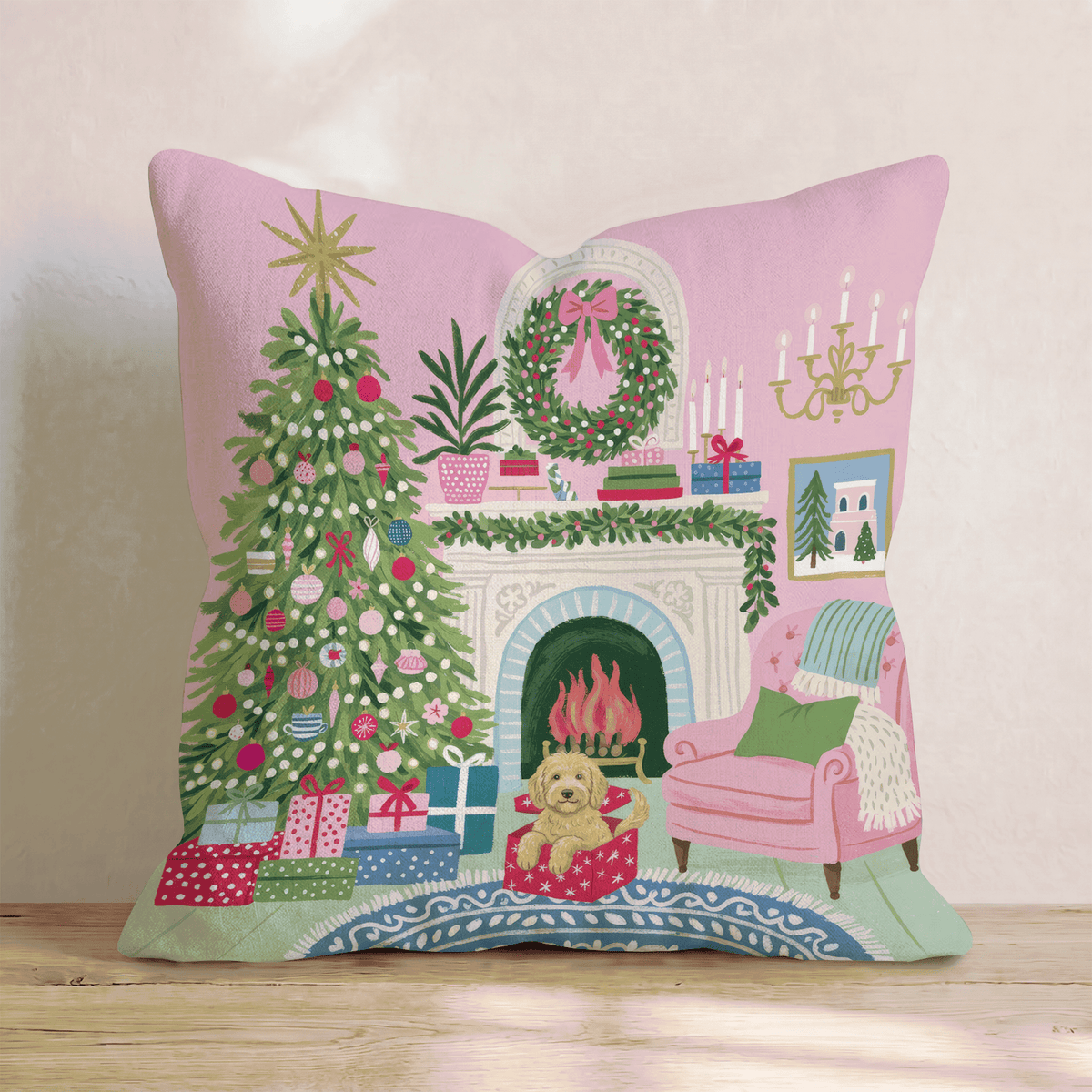 Goldendoodle Christmas Parlor Throw Pillow