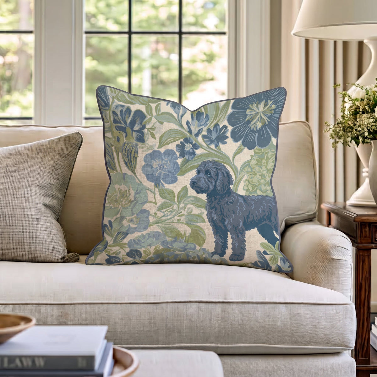 Labradoodle in the Flowers Throw Pillow