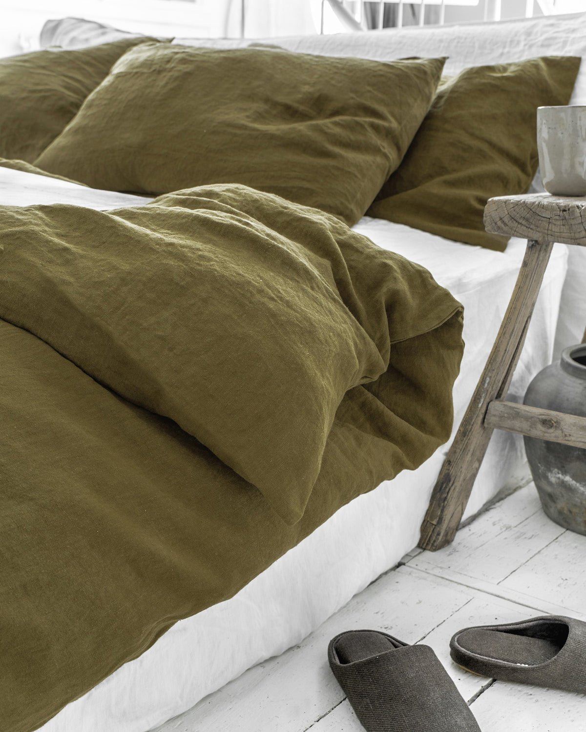 Olive green linen duvet cover