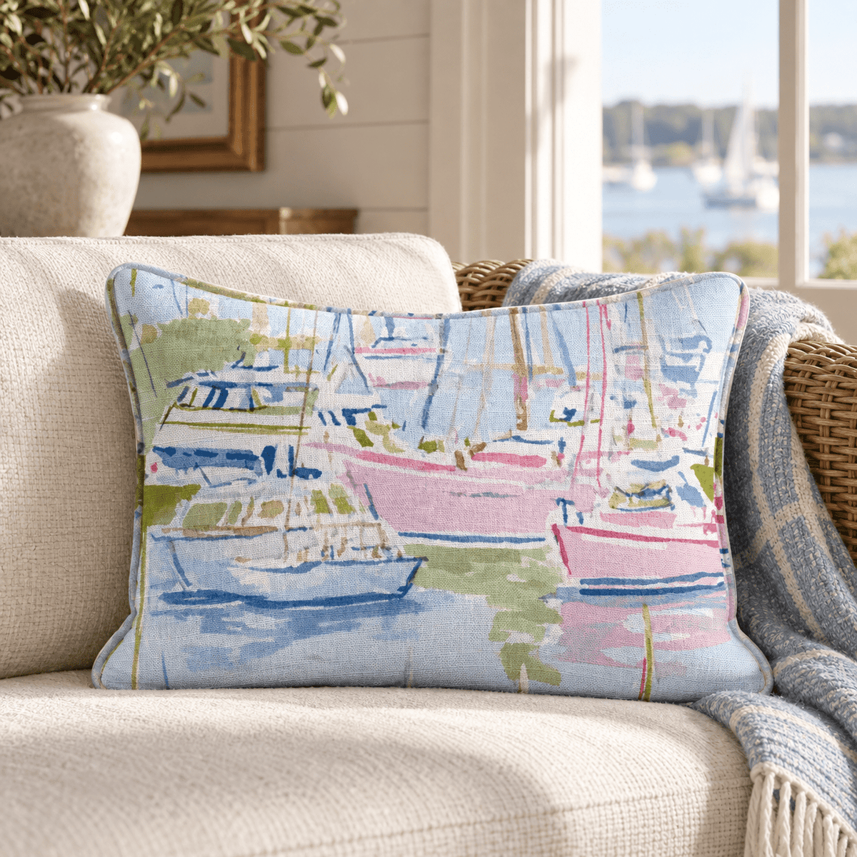 Pastel Marina Scene Throw Pillow